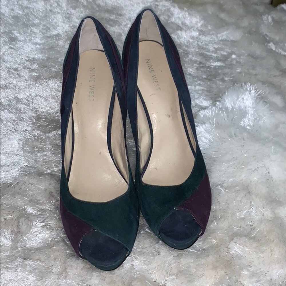 Nine West Green and Purple Peep Toe Suede Heels